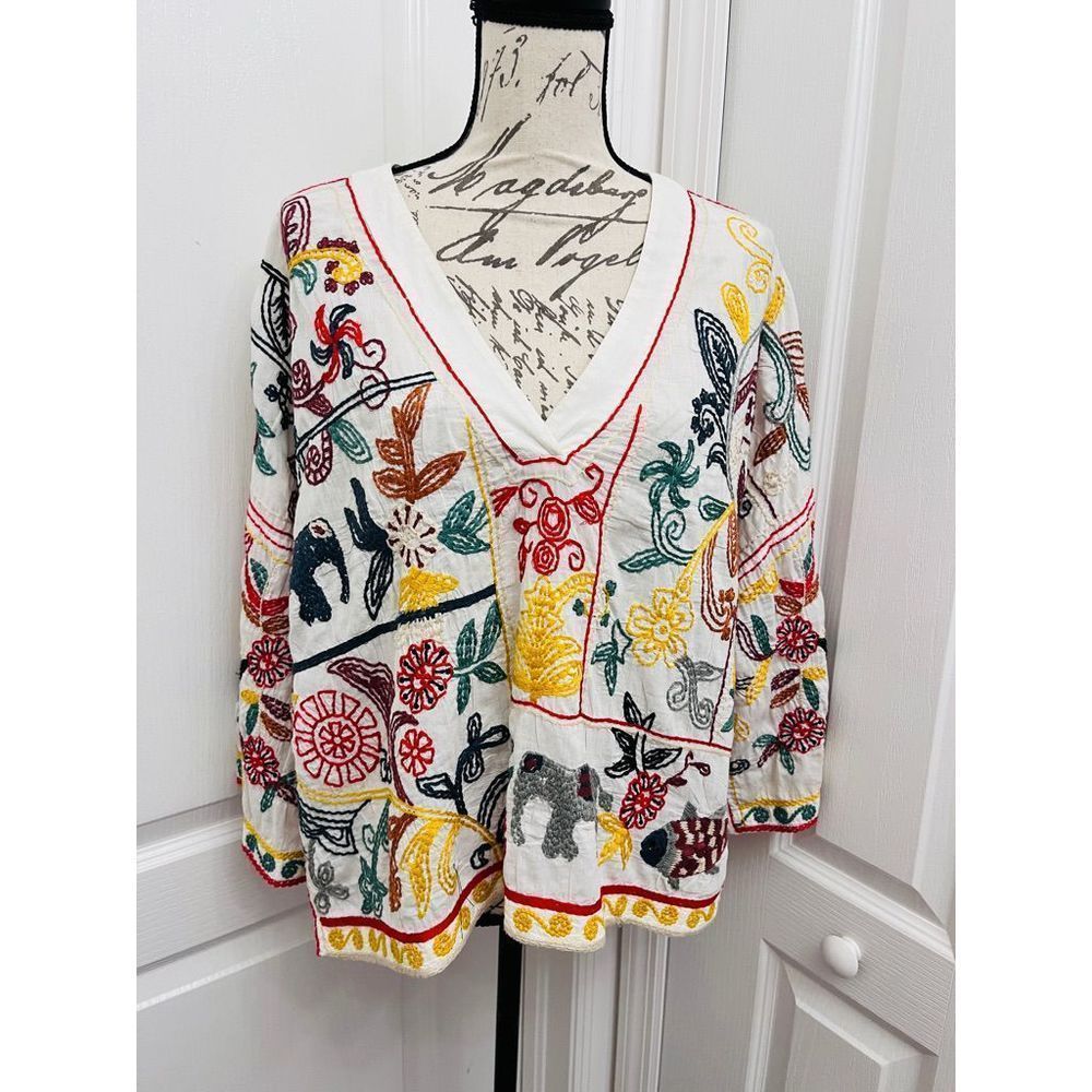 Zara white embroidered novelty floral animal shirt top oversized XS